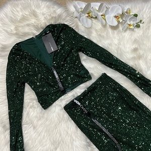 Emerald green sequin two piece maxi dress from fashion nova